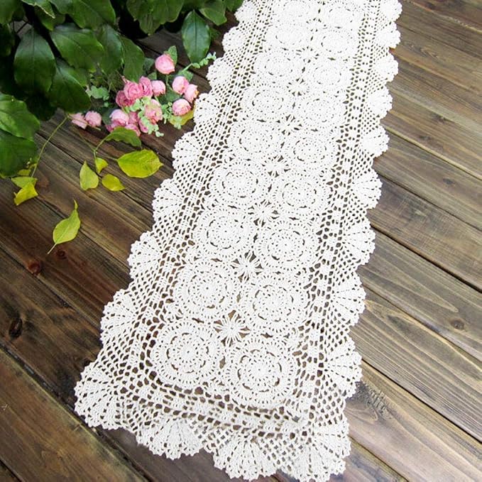 KEPSWET Cotton Handmade Crochet Lace Table Runner White Rectangle Coffee Table Dresser Decor (14x60 inch)