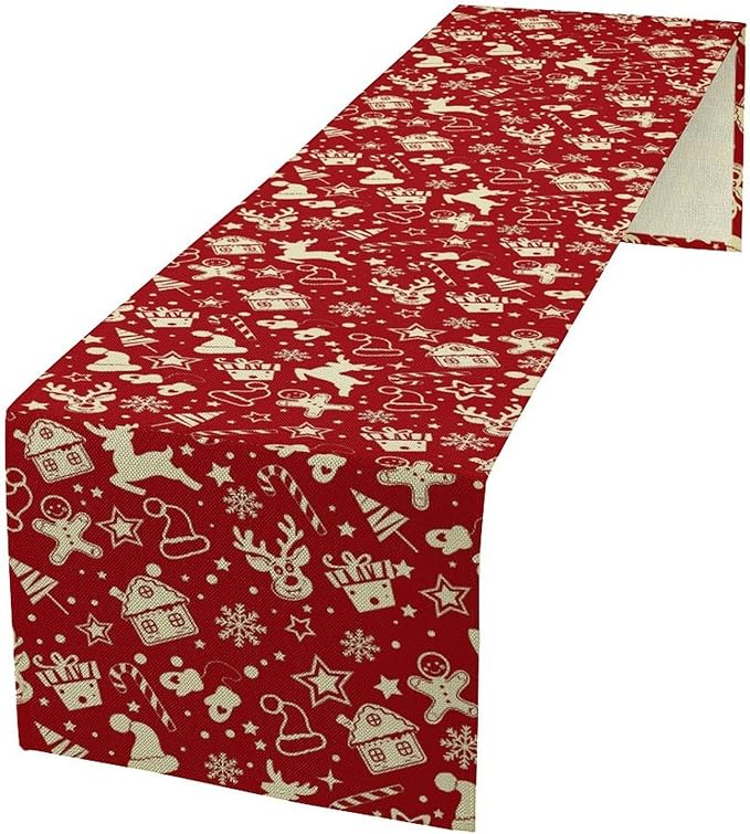 Christmas Table Runner,Seasonal Winter Deer Table Decoration Snowflake Table Cloth Kitchen Dining Table Decoration for Home Party Decor 13x90 Inch