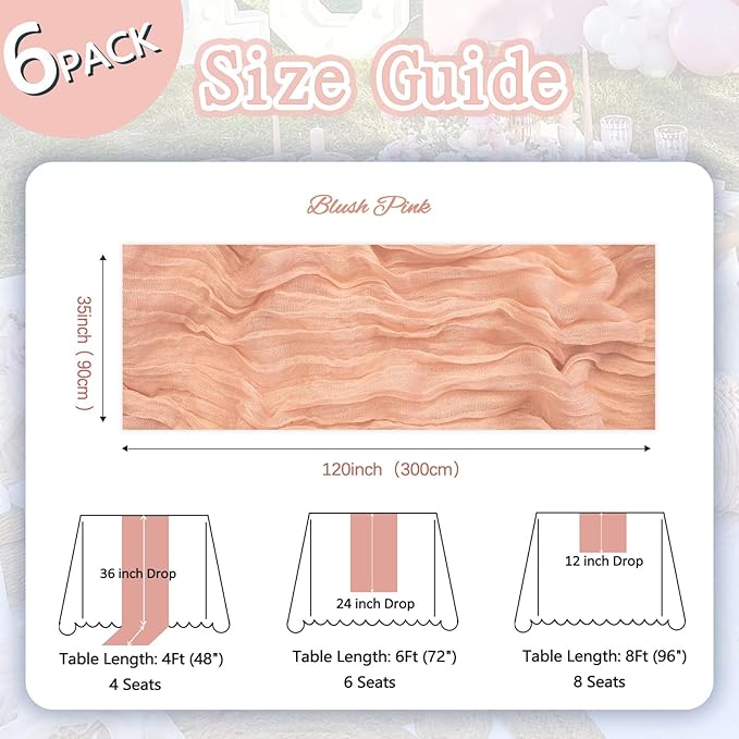 6 Pack Blush Pink Cheesecloth Table Runner 10ft Boho Gauze Fabric Cheese Cloth Table Runner 35 x 120 Inch Rustic Sheer for Romantic Wedding Decor Baby Shower Party Table Centerpiece Decoration