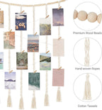 Mkono Macrame Hanging Photo Display Wall Decor with String Lights, Boho Wooden Beads Garland Collage Picture Card Frame Holder with 30 Clips for Bedroom Living Room Dorm, Teen Girls Christmas Gifts
