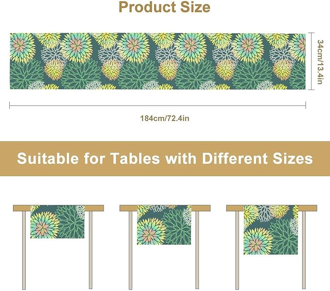 Green Dahlia Flower Table Runner, Linen Geometric Pattern Floral Table Decor Spring Farmhouse Decorations for Kitchen Dining Holiday Party Decor, 13x108 Inch