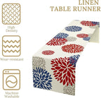 4th of July Table Runner, Blue Red Dahlia Flower American Patriotic Memorial Day Table Runner for Farmhouse Kitchen Dining Table Party Decor, 13x70inch