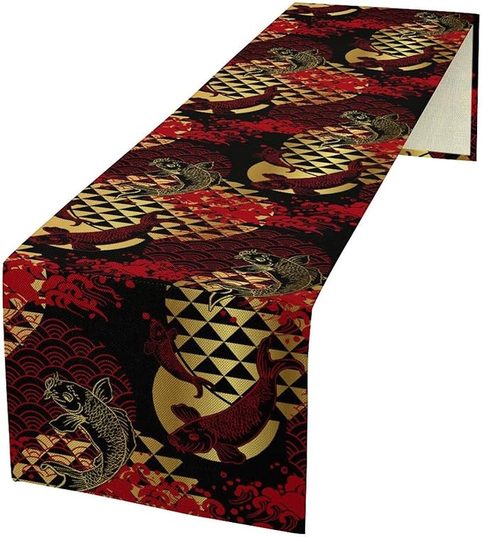 Japanese Table Runner Oriental Tradition Kio Fish Red Art Printed Burlap Runner Home Kitchen Dining Table Living Room Decor Fabric 1 Panel W13xL120in