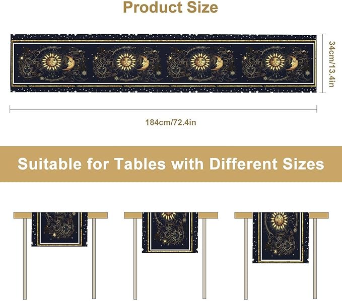 Sun Moon Table Runner, Seasonal Golden Sun Moon Holiday Kitchen Dining Table Runner for Kitchen Living Room Home Party Decor 13x108 Inch