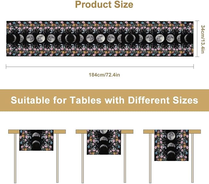Boho Floral Moon Table Runner, Spring Flower Leaves Mystical Gothic Sun Moon Table Runner for Kitchen Dining Table Home Party,13x36 Inch Purple