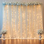10ft x 7ft Champagne Chiffon Backdrop Curtain with Lights String for Parites Wedding Wrinkle Free Curtain Photo Backdrops Drapes for Baby Shower Birthday Party Home Decorations