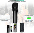 Wireless Microphone, Bietrun UHF Metal Dual Handheld Cordless Dynamic Mic System with Rechargeable Receiver, 1/4‘’Output, for Karaoke, Church, Speech, Wedding, Party Singing(160 ft Range)-Auto Connect