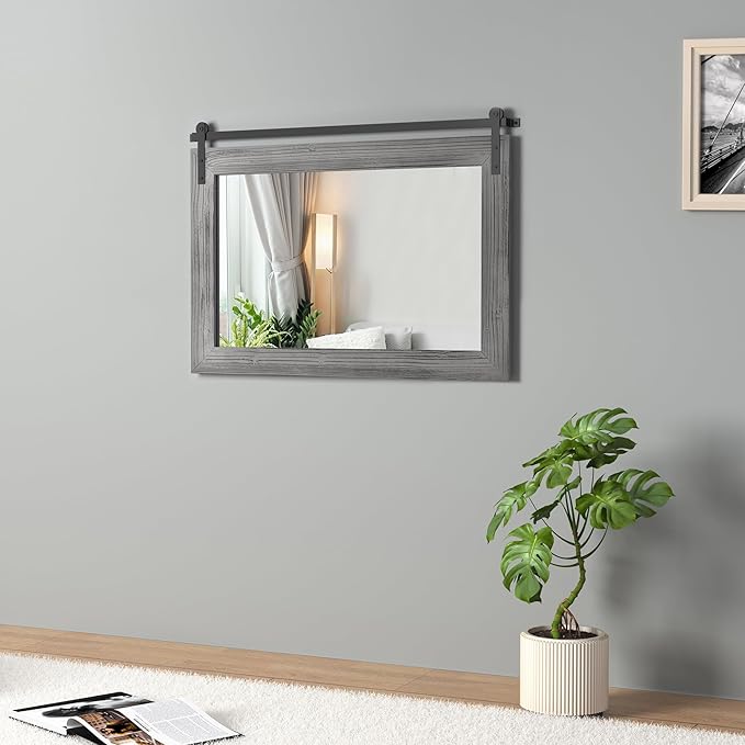 COGOOD Farmhouse Barn Door Mirror - 25" x 18" Rustic Wood Framed Decrative Mirror for Bathroom, Living Room, Entryway Wall Decor (Grey)