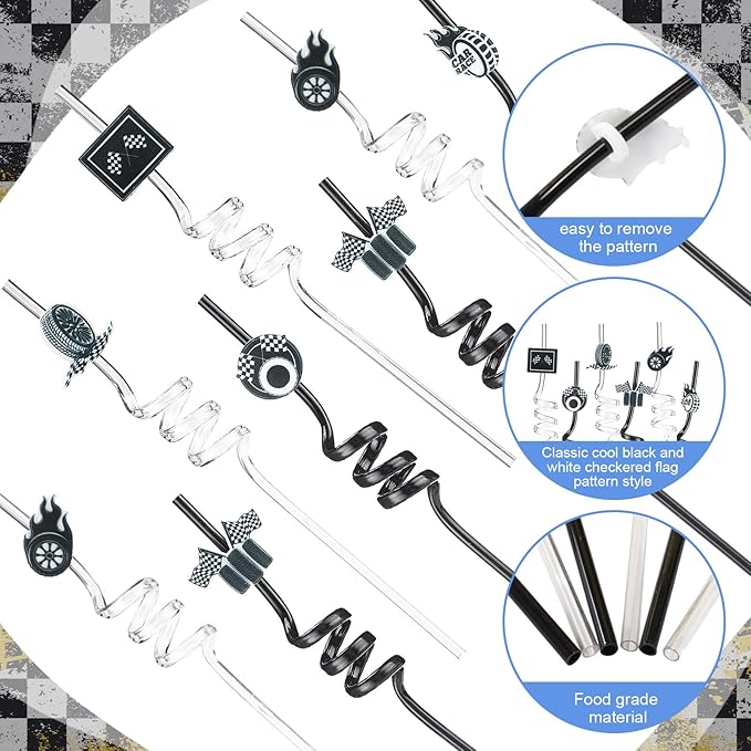 Yungyan 24 Sets Checkered Flag Party Favors Goodie Cups with Lids and Straws for Birthday Decorations Reusable 16oz Plastic Candy Cups Plastic Straws for Birthday Party (Checkered Flag)