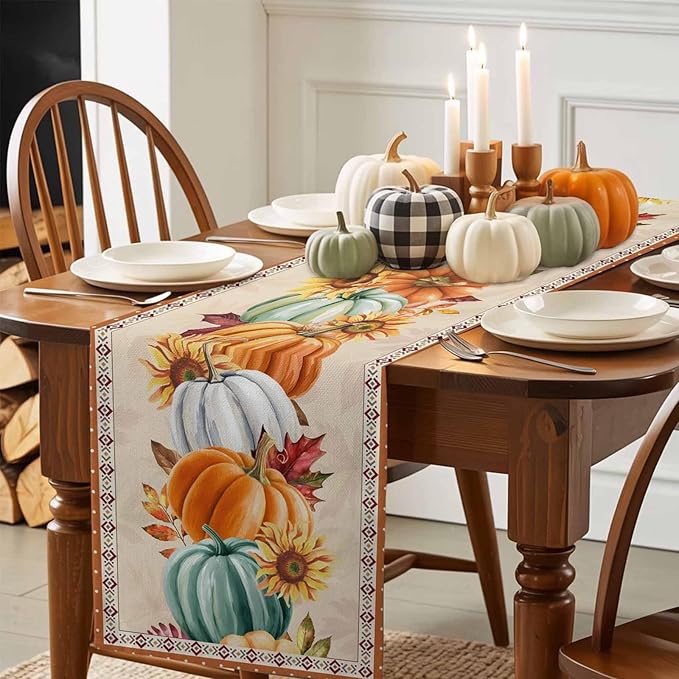 Fall Thanksgiving Southwest Cotton Linen Table Runner for Dining Kitchen, Orange Pumpkins Wedding Outdoor Party Rustic Tablerunners Decoration, Sunflower Dresser Scarf Tablecloth Runners 13x120 Inches