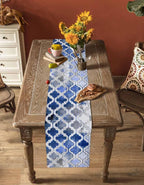 Blue Morocco Plaid Cotton Linen Table Runner for Dining Kitchen, Wedding Outdoor Party Tablerunners Decoration, Distressed Abstract Painted Vintage Dresser Scarf Coffee Tablecloth Runners 13''x108''