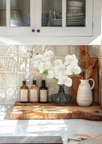 White Orchids Artificial Flowers with Vase, Small Faux Orchid Arrangement Fake Flower in Woven Glass Vase Black and White Decor Small White Centerpieces for Kitchen Dining Room Tables Bathroom Decor