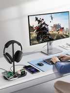 TopMade 5 in 1 Headphone Stand for Desk with Wireless Charger & USB Charging for iPhone/AirPods/iWatch, Universal Desktop Gaming Headset Holder for Airpods Max, Bose, Beats, Razer and More, Black