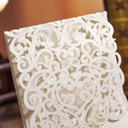 Hosmsua 50PCS White Wedding Invitations Kit 5 x 7.3 Inch Laser Cut Hollow Rose Rhinestone Pocket with Envelope for Quinceanera Bridal Shower Invite (White Ivory)