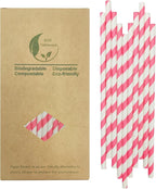 Disposable White and Pink Striped Paper Straws, Hot Pink Swirl Straw Pastel Princess Drinking Straws for Valentines Birthday Wedding Party Suppliers (7.75 Inches, Box of 100)