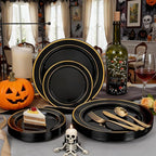 350 Pieces Black and Gold Plastic Plates with Disposable Silverware, Include 50 Dinner Plates 9”, 50 Dessert Plates 6.3”, 50 Black Cups 9 OZ, 50 Pre Rolled Napkins for Halloween new year
