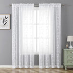 VISIONTEX White Leaves Sheer Voile Curtains, Decorative Embroidery Rod Pocket Window Drapes for Home Living Room and Bedroom 54 x 95 Inch, Set of 2 Curtain Panels