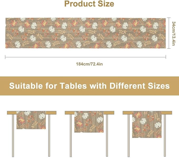 Autumn Table Runner,Pumpkins Maple Leaves Wood Fall r Seasonal Table Runner Kitchen Dining Table Decoration for Home Party Decor 13x90 Inch