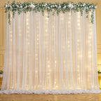 10ft x 7ft White Chiffon Backdrop Curtain with Lights String for Parites Wedding Wrinkle Free Curtain Photo Backdrops Drapes for Baby Shower Birthday Party Home Decorations