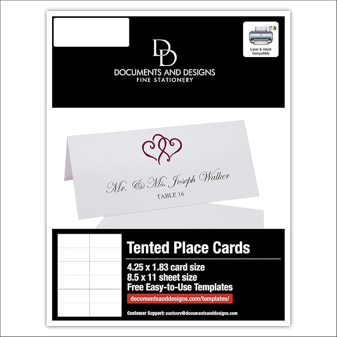 Linked Hearts Printable Place Cards, Burgundy (Choose Color), Set of 60 (10 Sheets), Laser & Inkjet Printers - Wedding, Party, Dinner, and Special Events - Made in the USA