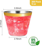 Goodluck 200PCS 9oz Gold Plastic Cups for Party, Disposable Gold Rim Cups, Plastic Cocktail Glasses for Wedding Thanksgiving, Christmas, and Parties