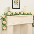 Dolicer 4Pcs 26Ft Artificial Eucalyptus Garlands with Flowers - 8 Roses, Faux Floral Greenery Garlands Fake Flowers Vines for Wedding Table Centerpieces Arch Party Ceremony Backdrop Decor (Champagne)