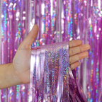 Melsan 3 Pack 3.2 x 8.2 ft Sparkling Pinkish Purple Tinsel Fringe Curtain Backdrop Glitter Decor for Birthdays, Bachelorette, Weddings, Photo Booth | Reusable Princess & Y2K Party Backdrop