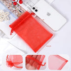 Hopttreely 50pcs Organza Gift Bags, Red Jewelry Gift Bags, 4x6inch Wedding Favor Bags with Drawstring, Small Mesh Gift Pouches Mini Candy Bags for Valentienes Party