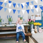 32Ft Deep Blue Party Decorations Blue Buffalo Plaid Checkered White Triangle Flag Gingham Pennant Bunting Fabric Garland for Picnic Racing Car BBQ Birthday Wedding Outdoor Garden Oktoberfest Decor