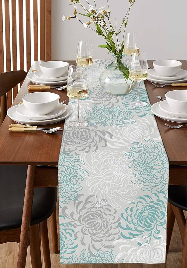 Auqa Chrysanthemum Cotton Linen Table Runner for Dining Kitchen, Wedding Outdoor Party Tablerunners Decoration, Farmhouse Floral Botanical Leaves Dresser Scarf Coffee Tablecloth Runners 13x72 Inches