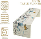 Nature Dandelion Table Runner,Rustic Floral Wood Plank Butterfly Girl Women Pattern Print Burlap Tablecloth for Hotel Indoors Outdoor Dining Room Kitchen Table Decor, 13x90in