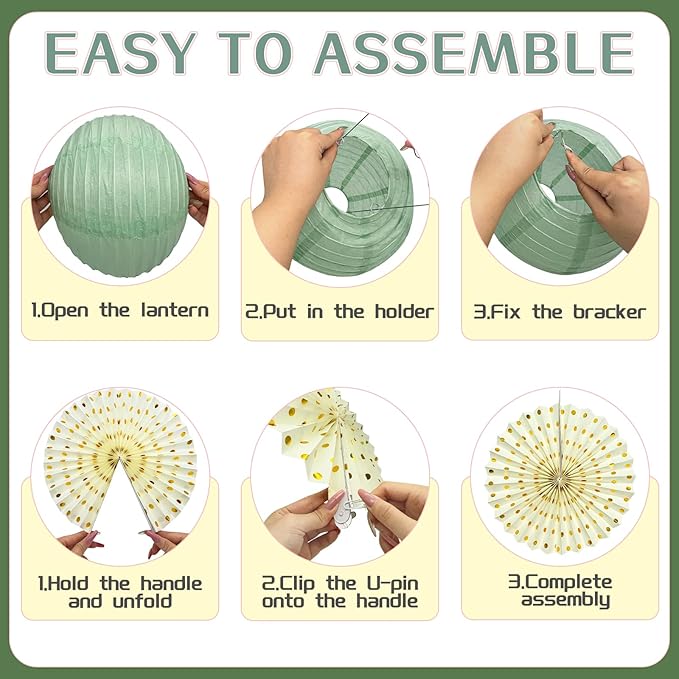 15Pcs Sage Green Party Decorations, Hanging Paper Lanterns Paper Fans Tissue Flower Pom Poms for Women Girls Birthday Wedding Bridal Baby Shower Green and Pink Party Decorations