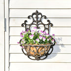 Sungmor 2 Pack Wall Hanging Planter Basket with Fabric Liner, Antique Victoria Style Cast Iron Wall Planter Holder, Outdoor Railing Fence Balcony Metal Hanging Basket Half Round Flower Pots