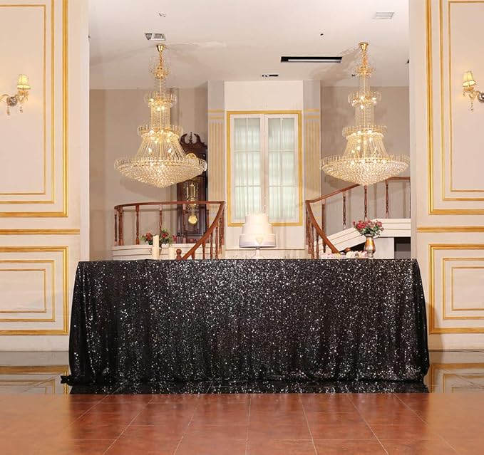 SquarePie Sequin Tablecloth 60 x 120 Inch Black Sparkly Table Linen for Halloween Wedding Party