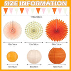 15Pcs Autumn Pink and Orange Party Decorations, Hanging Orange Paper Lanterns Honeycomb Paper Fans Triangle Flag Banner for Girls Women Baby Shower One Sweet Peach Birthday Thanksgiving Party Decor