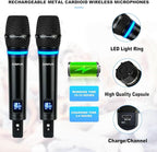 4 Channel Rechargeable Wireless Microphone System, Pro UHF Metal Handheld Wireless Microphones Cordless Mics with Echo Bluetooth VOL Channel Control for Karaoke Singing Church(MU-898)