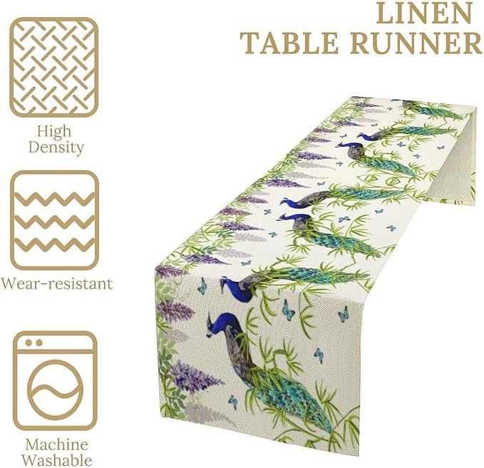 Peacock Table Runner,Spring Plant Butterfly Print Seasonal Table Runner for Home Kitchen Dining Party Indoor Outdoor Decoration 13x90 Inch