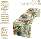Parrot Table Runner,Tropical Palm Leaf Colorful Macaw Bird Watercolor Print Tablecloth Burlap for Hotel Indoors Outdoor Dining Room Kitchen Home Decor,W13X L90 in