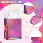 24 Pcs Iridescent Pink Gift Bags Decorations, Holographic Foil Party Favor Bags with Handles, Pink Paper Candy Goodie Bag with 24 Tissue Paper for Graduation Birthday Baby Shower Party Supplies