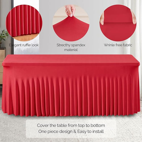 2 Pack Red Spandex Table Clothes for 8 Foot Rectangle Tables, 8FT Wrinkle Free Fitted Tablecloths Ruffles Design Stretch Table Cover for Party, Banquet, Wedding and Events