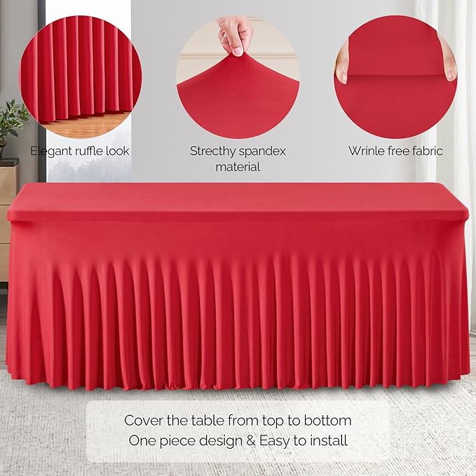Wish Care 2 Pack Red Spandex Table Clothes for 4 Foot Rectangle Tables, 4FT Wrinkle Free Fitted Tablecloths Ruffles Design Stretch Table Cover for Party, Banquet, Wedding and Events