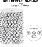 Craft String Pearls 10MM Pearl Bead, 33 Feet Silver Faux Pearl Garland Spool Roll Strand Wedding Party Decoration, Christmas Tree Decorations