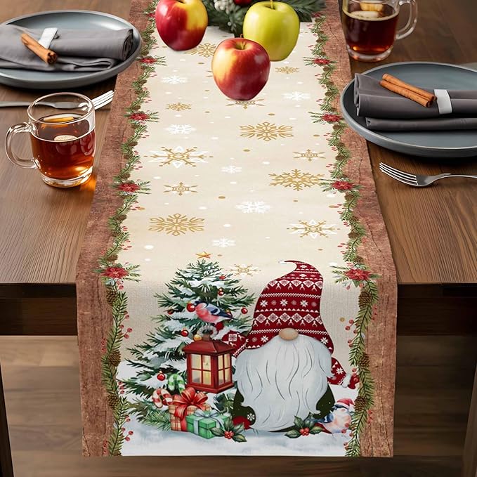 Christmas Gnomes Cotton Linen Table Runner for Dining Kitchen, Xmas Pine Tree Snowflake Rustic Wedding Outdoor Party Tablerunners Decoration, Retro Wood Dresser Scarf Tablecloth Runners 13x60 Inches