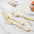 BESTVIP 100 Pack Pre Rolled Gold Plastic Silverware Set, Disposable Wrapped Cutlery Set with 100 Napkins, 100 Knives, 100 Forks and 100 Spoons for Party, Birthday
