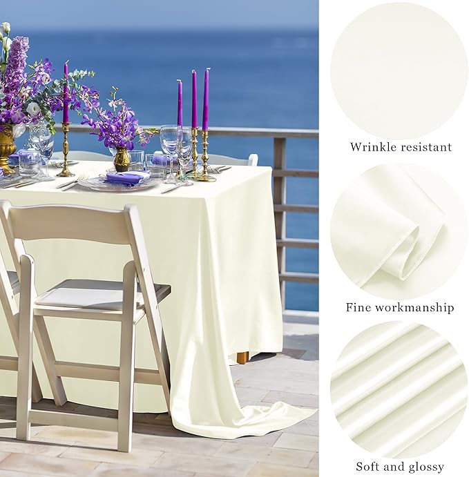 TURSTIN 8 Packs Ivory Satin Tablecloth 102 x 58 Inch Overlay Satin Table Cover Rectangle Bright Silk Tablecloth Smooth Fabric Table Decoration for Wedding Banquet Party Events