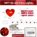2 Pack Valentine’s Day Red Heart Fairy String Lights 16FT 50 LEDs Valentine's Day Lights Battery Powered Mother Day Decor