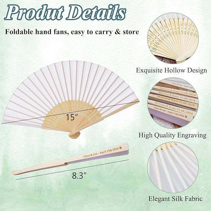 Personalized Folding Hand Fans Engraved Silk Fans, Summer Wedding Fans, Custom Silk-Bamboo Fans Wedding Party Favor Bridal Shower Gifts (30 Pieces), White