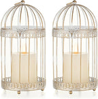 NUPTIO Decorative Bird Cage Lantern: 2 Set of 10 inch Tall Rustic White Birdcage Lanterns Centerpiece Vintage Decorating Metal Pillar Candle Holder for Christmas Bridal Shower Party Decor