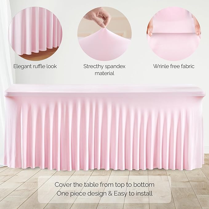 Wish Care 6 Pack Pink Spandex Table Clothes for 6 Foot Rectangle Tables, 6FT Wrinkle Free Fitted Tablecloths Ruffles Design Table Cover for Party, Banquet, Wedding and Events