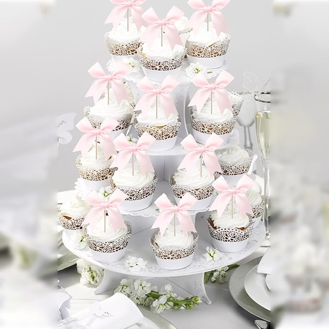 24 PCS Bow Cupcake Toppers Bowknot Coquette Bow Girls Birthday Cake Decorations Bow Cake Toppers Bowknot Cupcake Picks for Baby Shower Birthday Wedding Bridal Engagement Party Supplies Pink